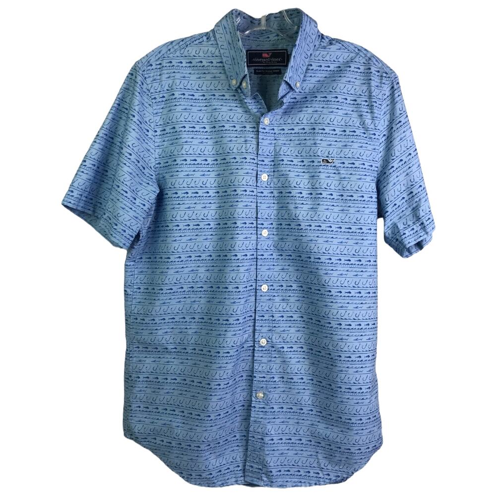 Vineyard Vines Shirt Men Sz M Blue Slim Fit Whale Shirt Short Sleeve 100% Cotton